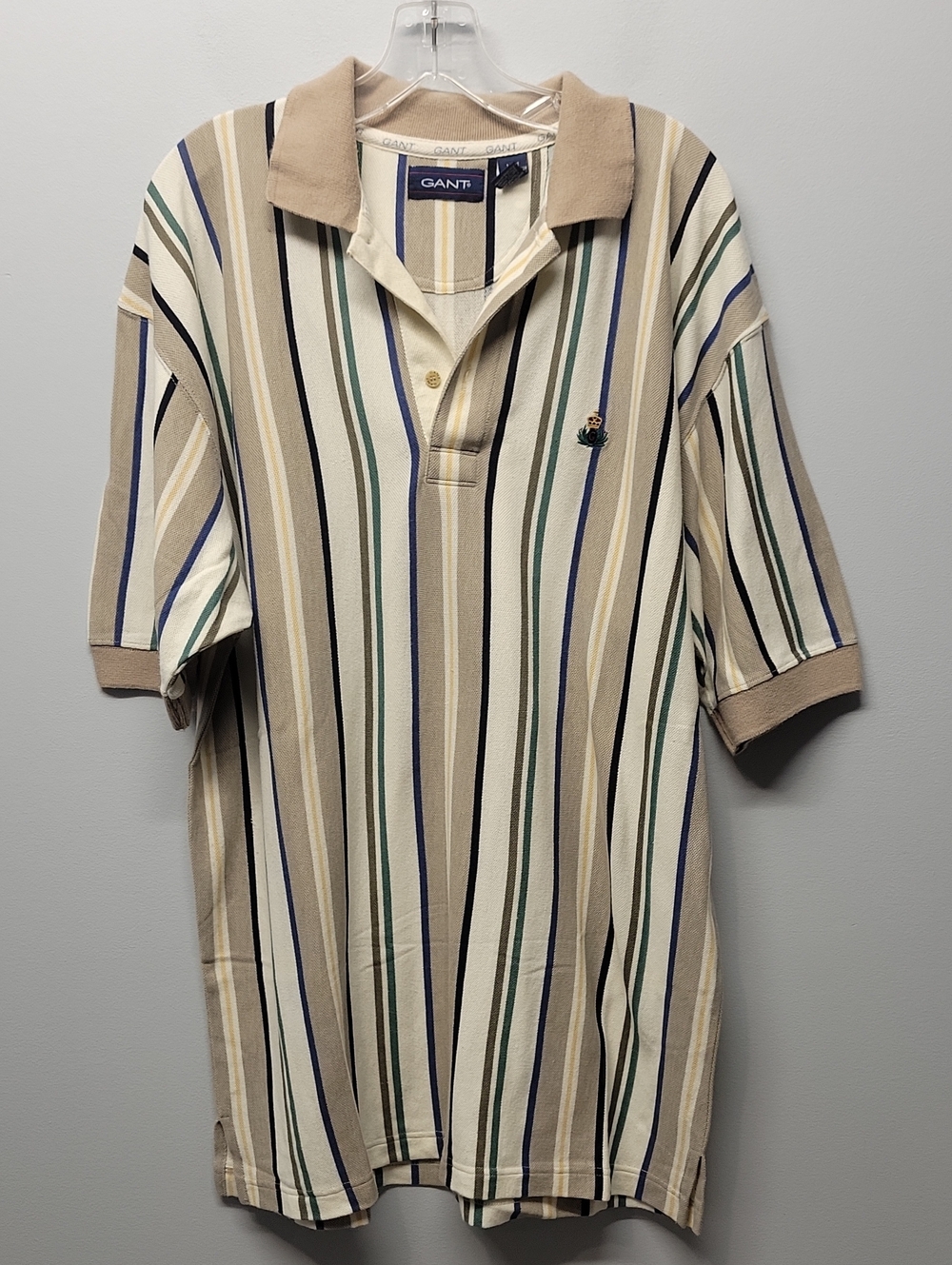 Vintage GANT all cotton cream tan striped polo shirt mens size Medium
